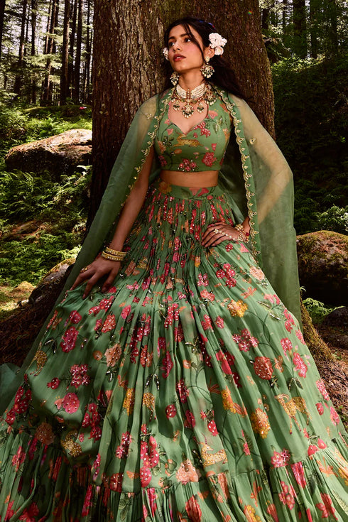 Green Jungle Print Lehenga and Blouse