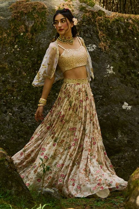 Off White Floral Printed Lehenga Set