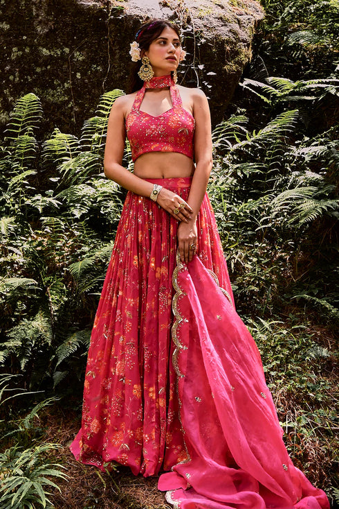 Jungle Print Rani Pink Lehenga and Halter Neck Blouse
