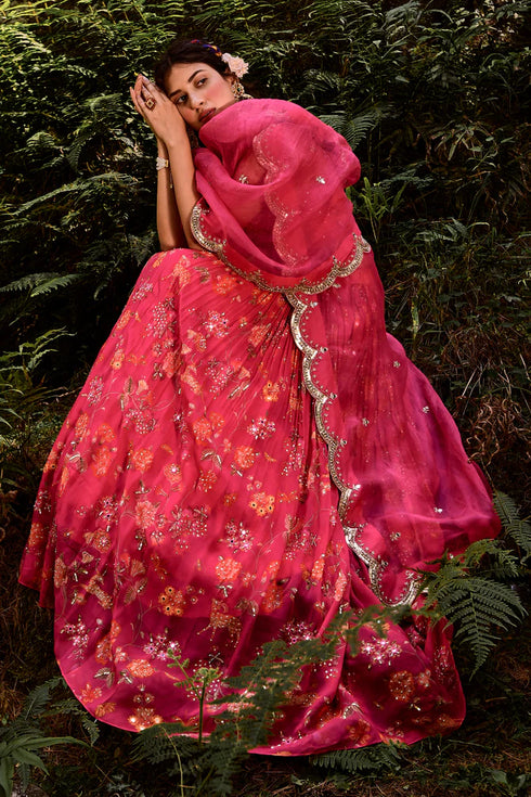 Jungle Print Rani Pink Lehenga and Halter Neck Blouse