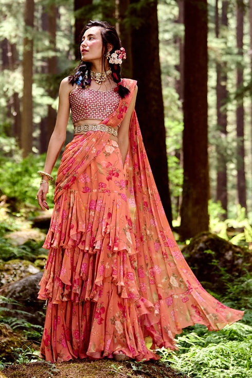 Sherbet Orange Jungle Print 3 Layered Saree