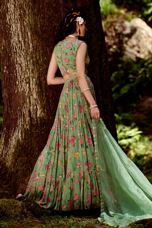 Green Jungle Print Lehenga and Blouse