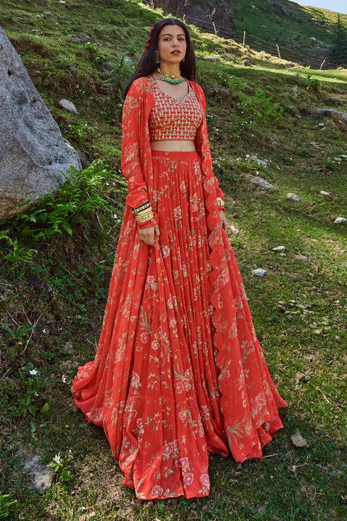 Poppy Red Floral Print 3 Layered Lehenga