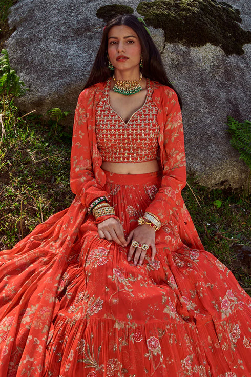 Poppy Red Floral Print 3 Layered Lehenga