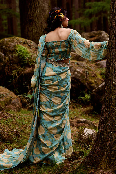 Teapot Blue Big Rose Print Pre-Draped Saree