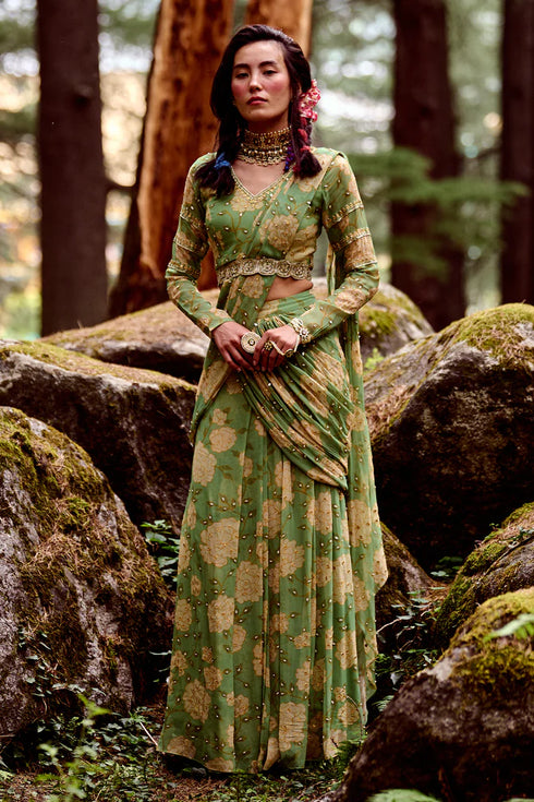 Fern Green Big Rose Print Pre - Draped Saree