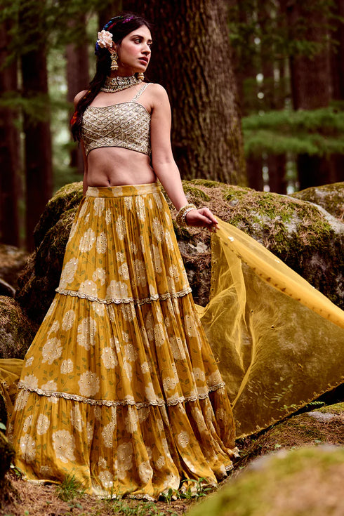 Ochre Yellow 3- Layered Rose Print Lehenga