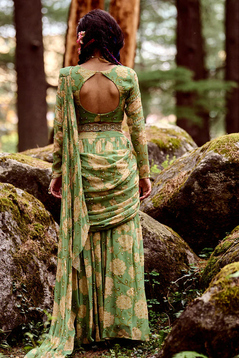 Fern Green Big Rose Print Pre - Draped Saree