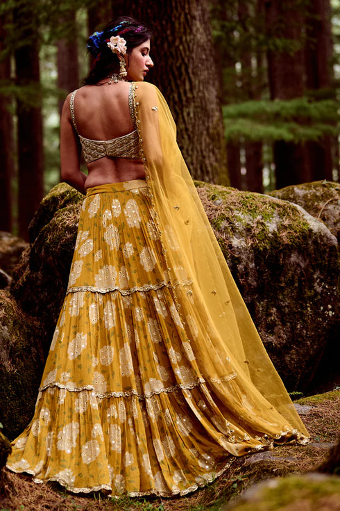 Ochre Yellow 3- Layered Rose Print Lehenga