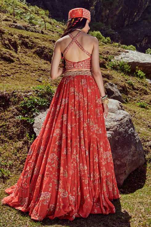 Poppy Red Floral Print 3 Layered Lehenga