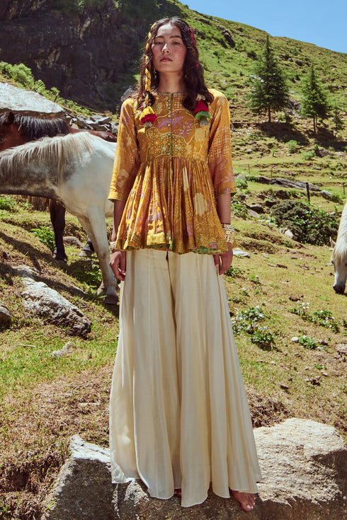 Yellow Naksha Print Peplum And Palazzo