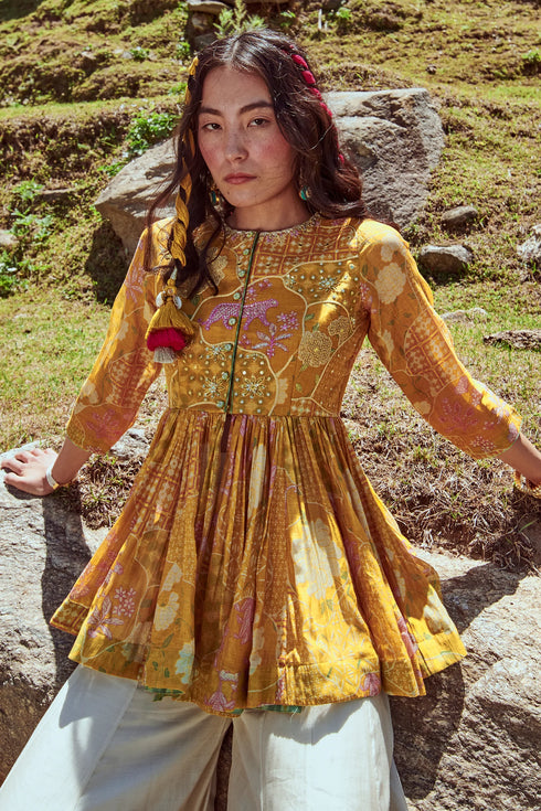 Yellow Naksha Print Peplum And Palazzo