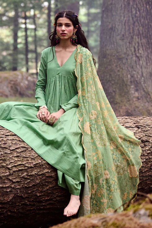 Green V-Cut Anarkali