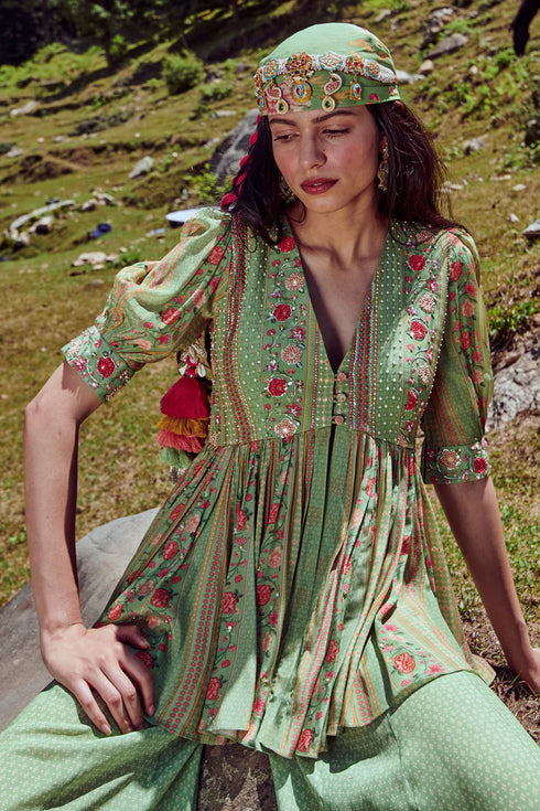 Fern Green Peplum With Green Geometric Print Palazzo.