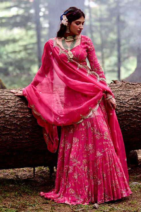 3- Layered Pink Floral Print Lehenga