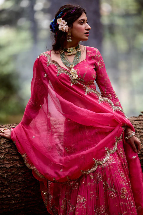 3- Layered Pink Floral Print Lehenga