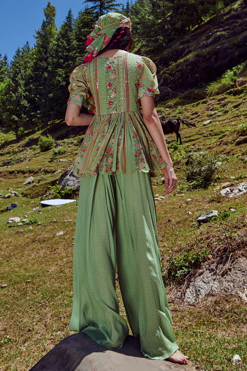 Fern Green Peplum With Green Geometric Print Palazzo.