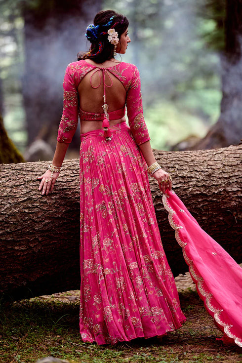 3- Layered Pink Floral Print Lehenga