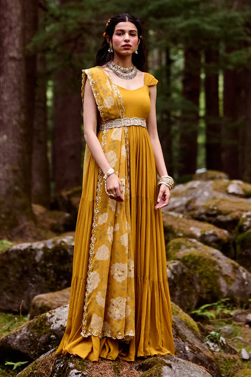 Ochre Yellow 3- Layered Maxi Dress
