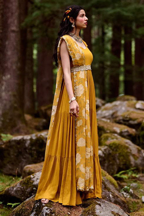 Ochre Yellow 3- Layered Maxi Dress