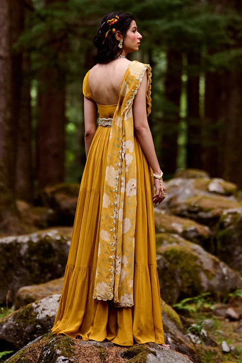 Ochre Yellow 3- Layered Maxi Dress