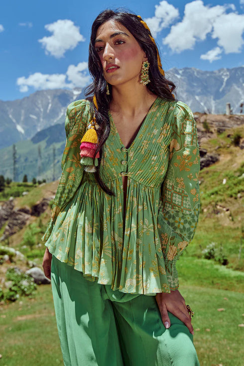 Green Naksha Print Peplum And Palazzo