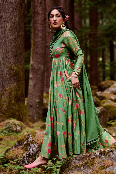 Fern Green Anar Print Anarkali