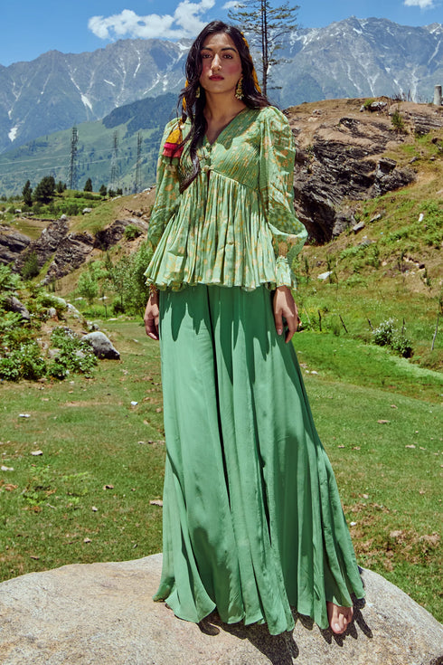 Green Naksha Print Peplum And Palazzo