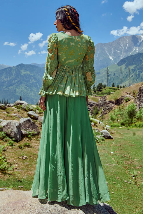 Green Naksha Print Peplum And Palazzo