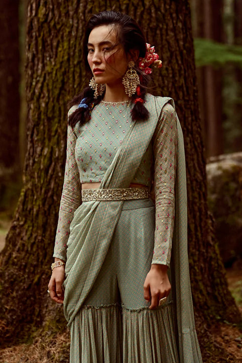 Flame Print Sharara Saree