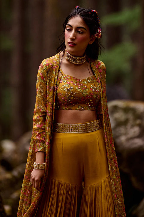 Ochre Yellow Printed Jacket Set