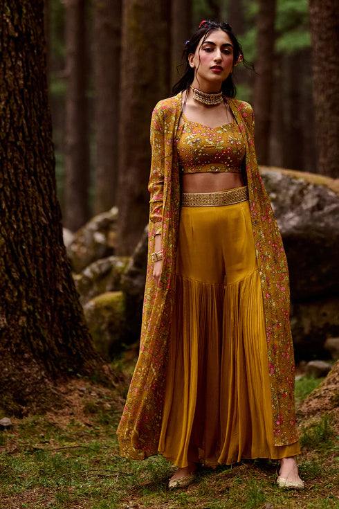 Ochre Yellow Printed Jacket Set