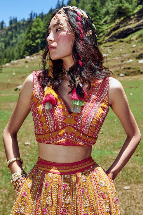 Ochre Yellow Rose Border Print Lehenga