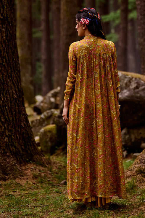 Ochre Yellow Printed Jacket Set
