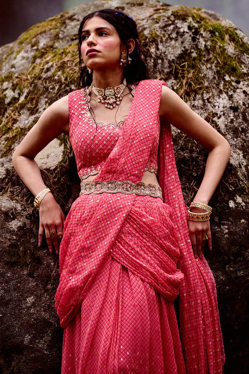 Pink Flame Print Pre-Draped Saree