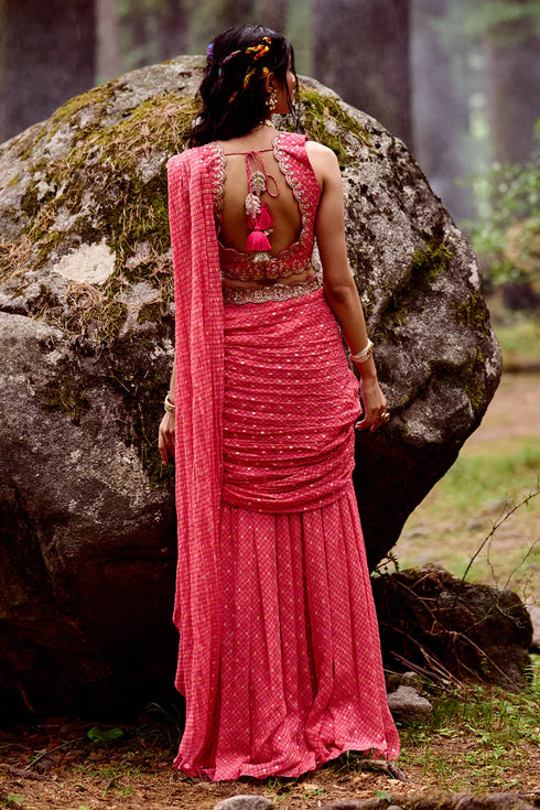 Pink Flame Print Pre-Draped Saree