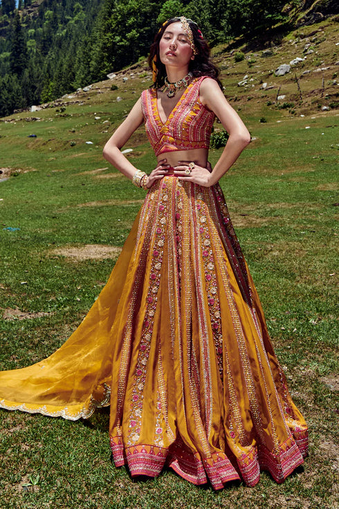 Ochre Yellow Rose Border Print Lehenga