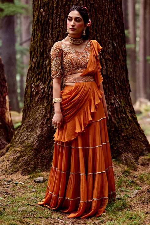 Rust Orange 4- Layered Pre-Draped Saree