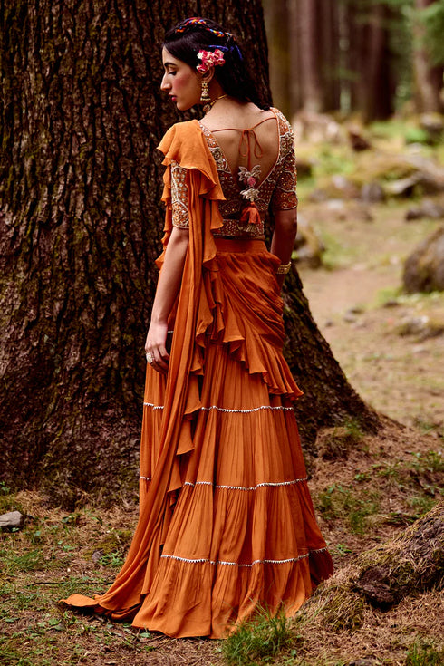 Rust Orange 4- Layered Pre-Draped Saree