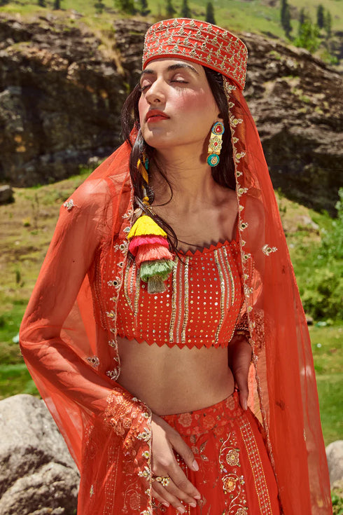 Poppy Red Border Print Lehenga and Blouse