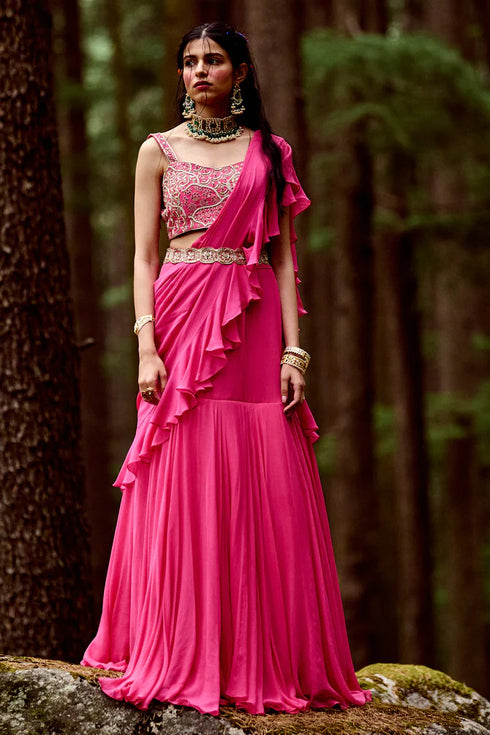 Rani Pink Pre-Draped Saree
