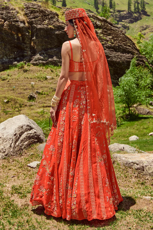 Poppy Red Border Print Lehenga and Blouse