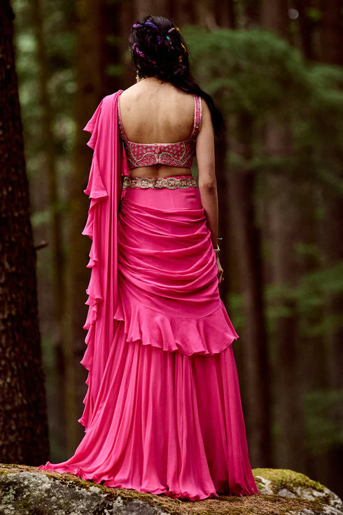 Rani Pink Pre-Draped Saree
