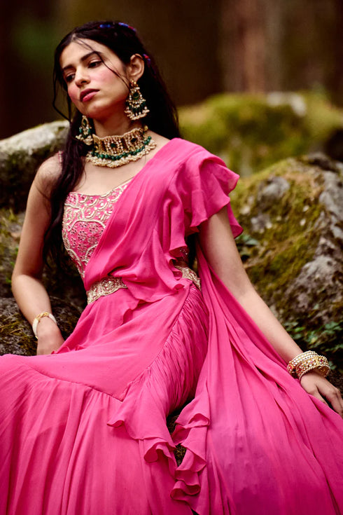 Rani Pink Pre-Draped Saree