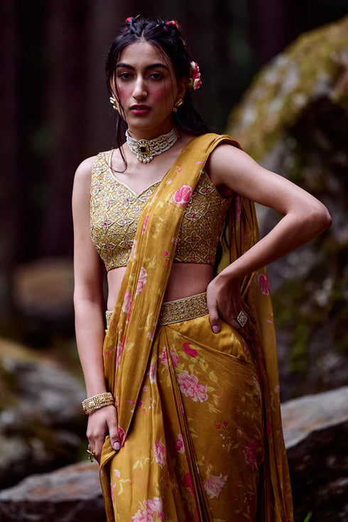Ochre Yellow Anar Print Pre-Draped Saree
