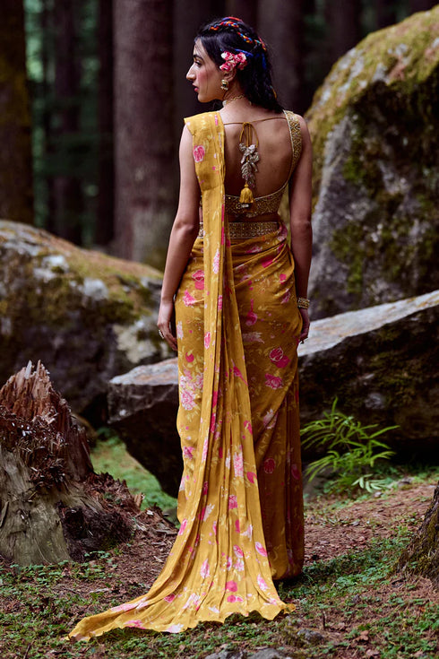 Ochre Yellow Anar Print Pre-Draped Saree