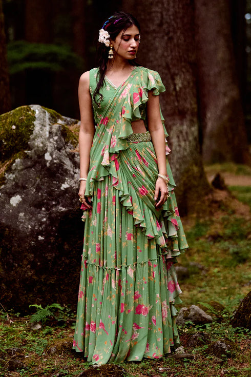 Fern Green Anar Print Pre-Draped Saree