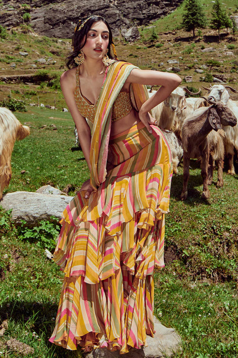 Multicoloured Stripes Per Draped Layered Saree