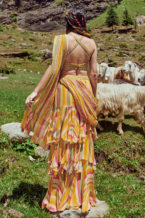 Multicoloured Stripes Per Draped Layered Saree