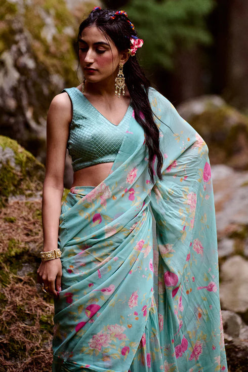 Light Blue Printed Saree Set